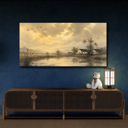 Mockup 4. Nature Rural Village Golden Landscape shown as stretched canvas wall art