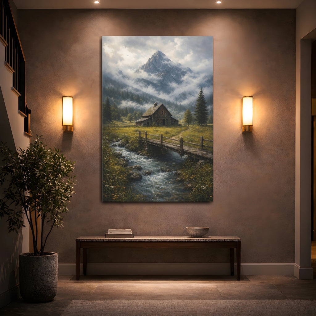 Mockup 2. Nature Rustic Barn Misty Mountain Barn shown as stretched canvas wall art