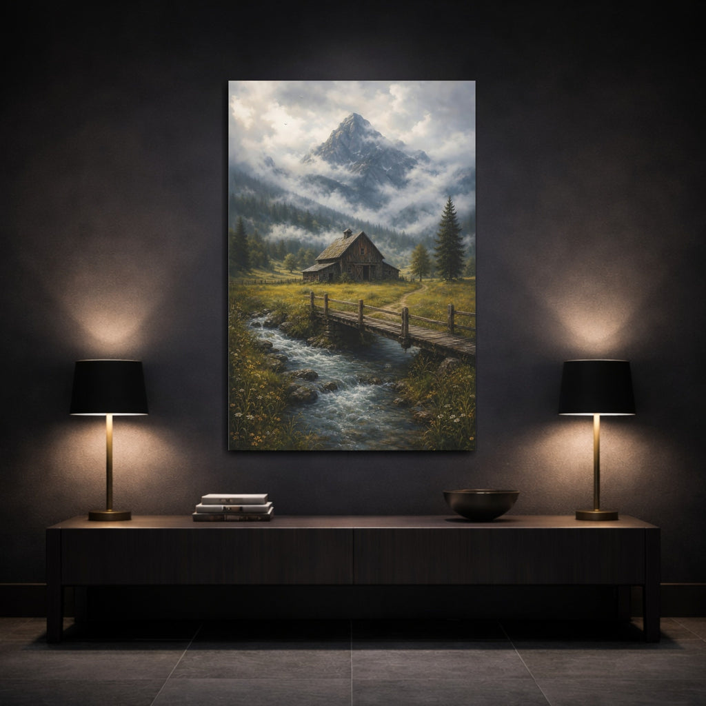 Mockup 3. Nature Rustic Barn Misty Mountain Barn shown as stretched canvas wall art