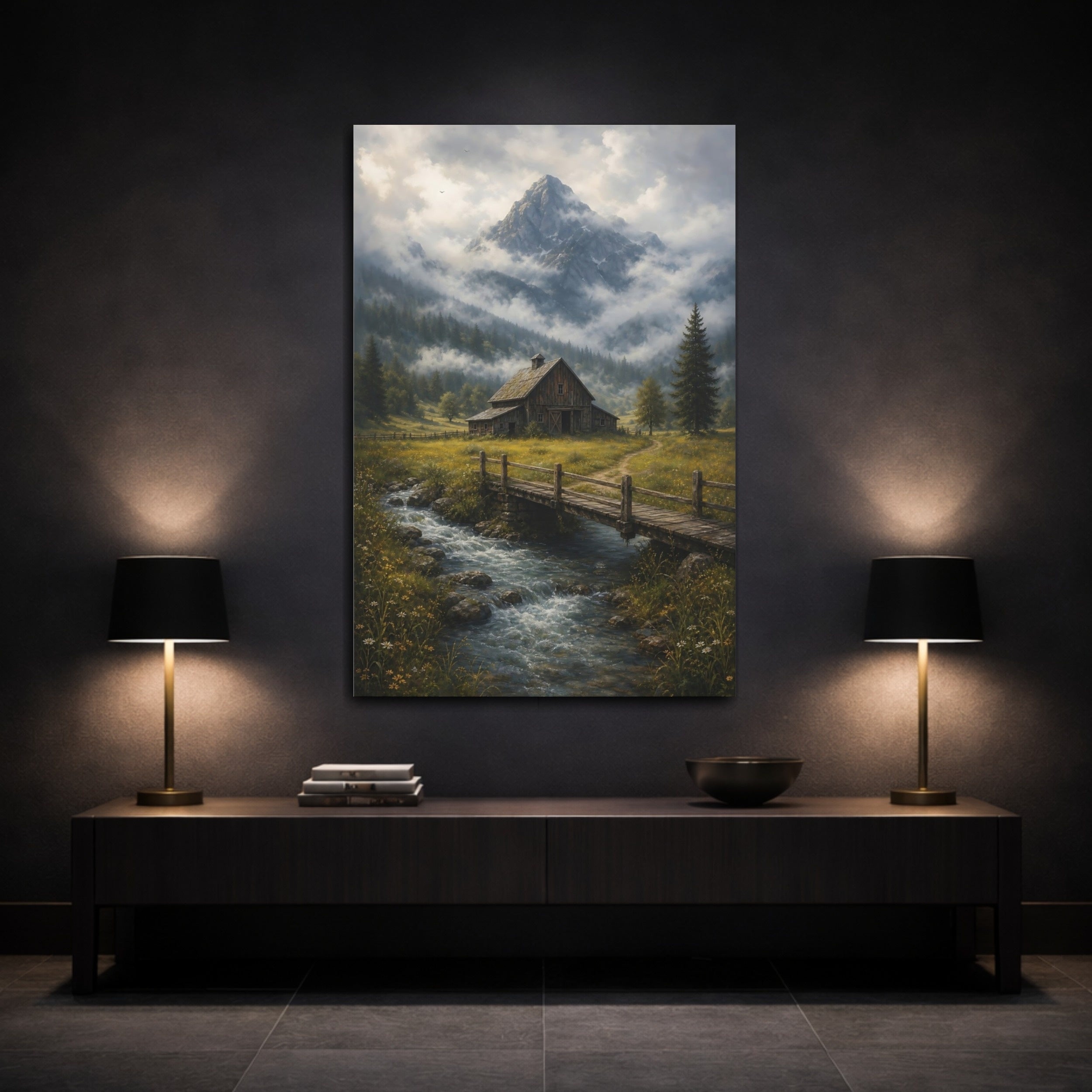 Mockup 3. Nature Rustic Barn Misty Mountain Barn shown as stretched canvas wall art