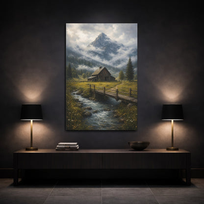 Mockup 3. Nature Rustic Barn Misty Mountain Barn shown as stretched canvas wall art
