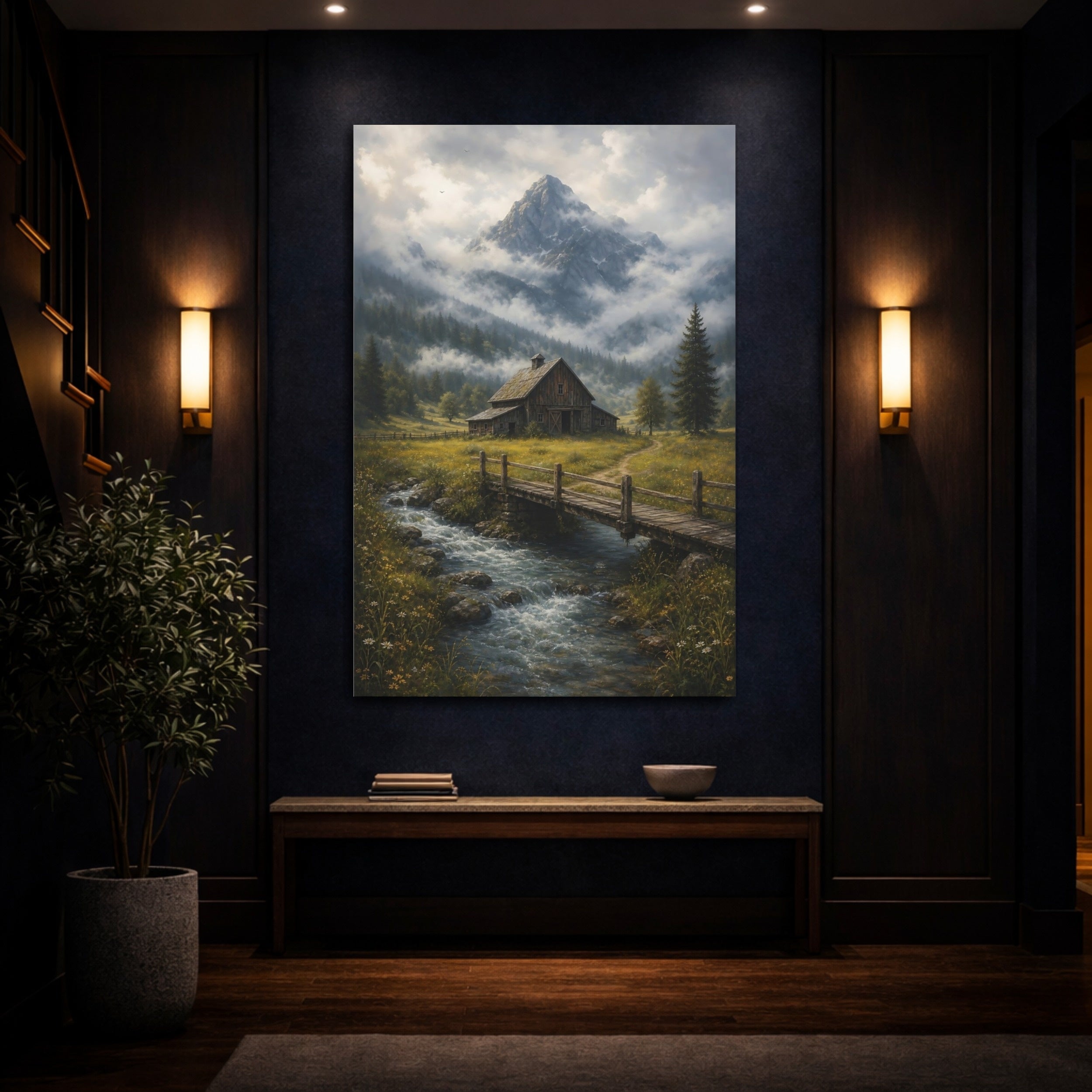Mockup 4. Nature Rustic Barn Misty Mountain Barn shown as stretched canvas wall art