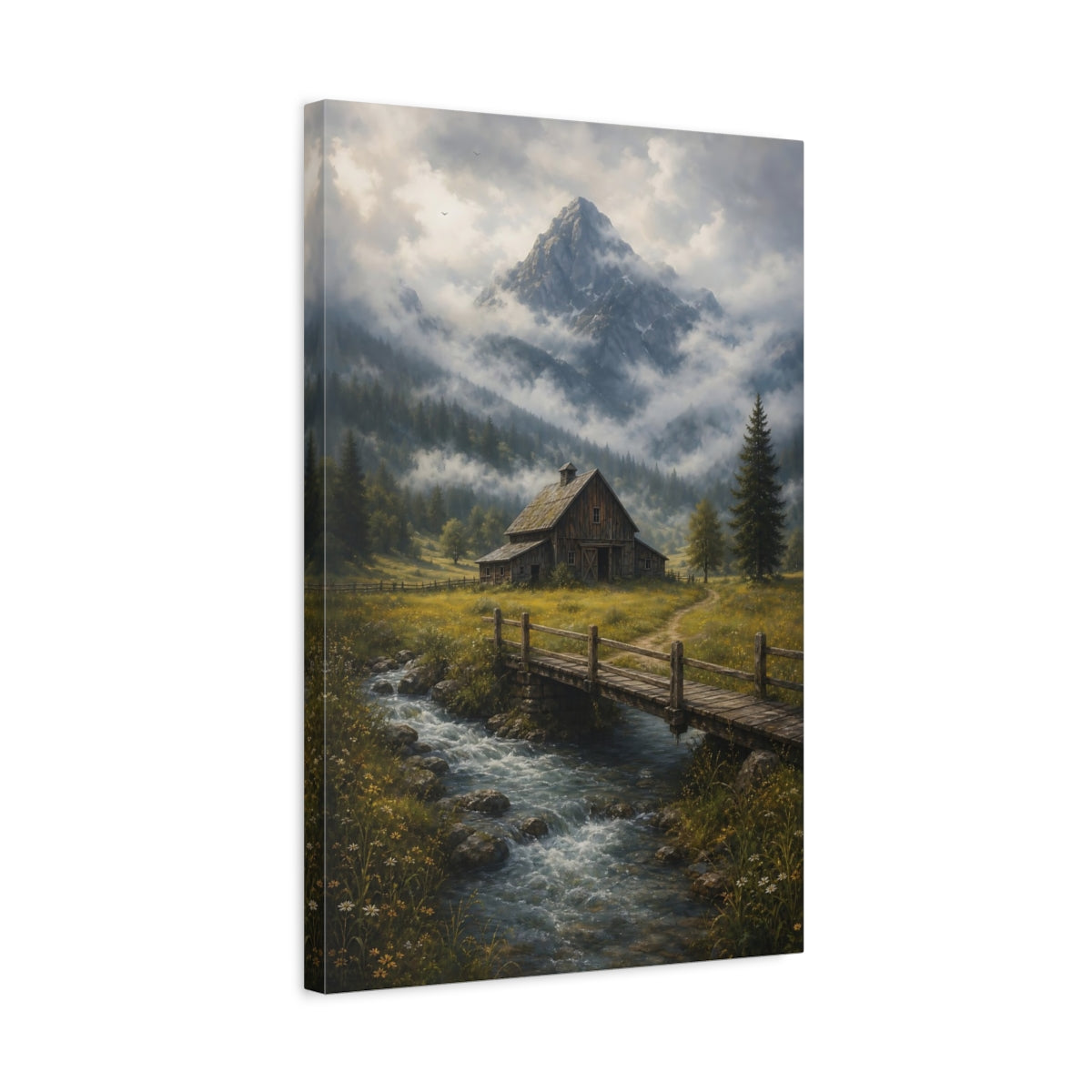 Side Mockup 3. Nature Rustic Barn Misty Mountain Barn shown as stretched canvas wall art