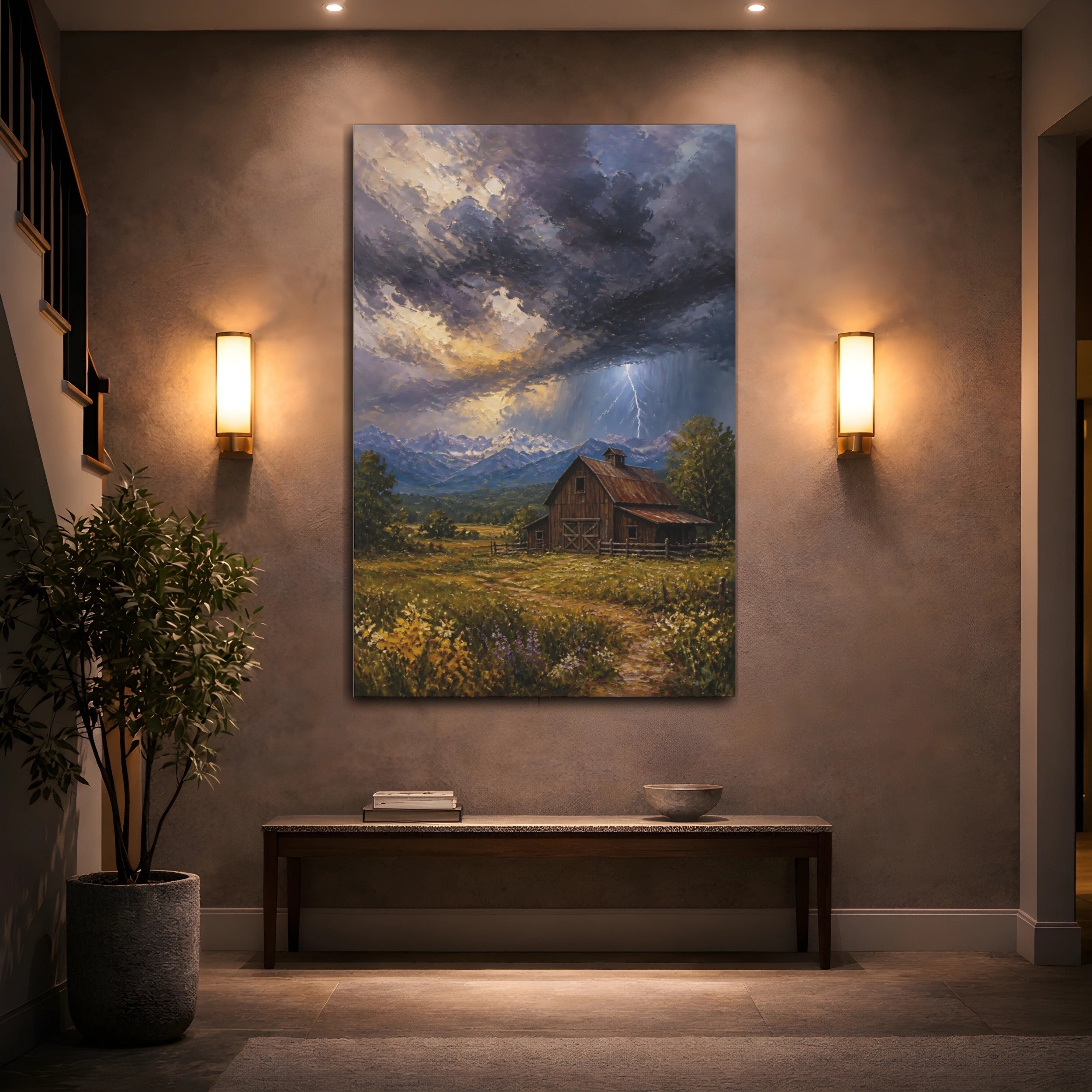 Mockup 2. Nature Rustic Barn Rustic Storm shown as stretched canvas wall art