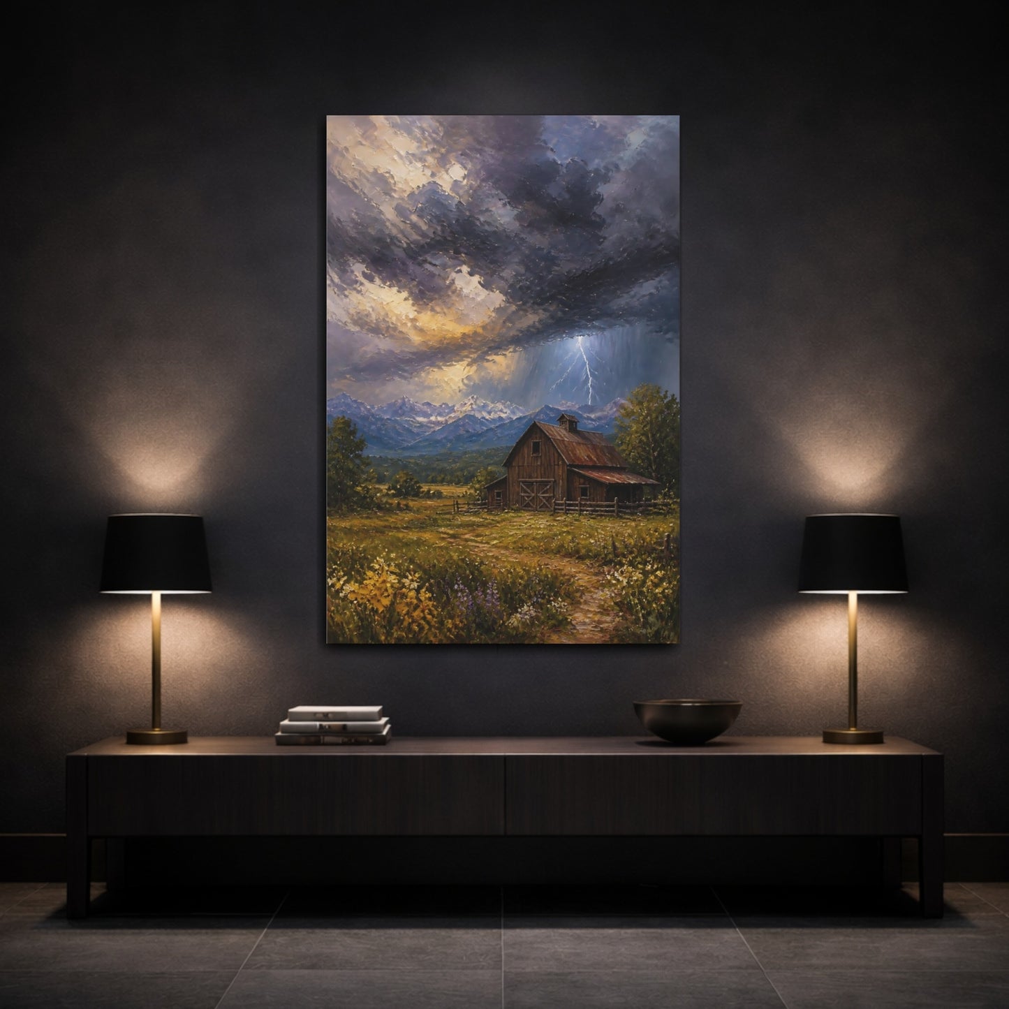 Mockup 3. Nature Rustic Barn Rustic Storm shown as stretched canvas wall art