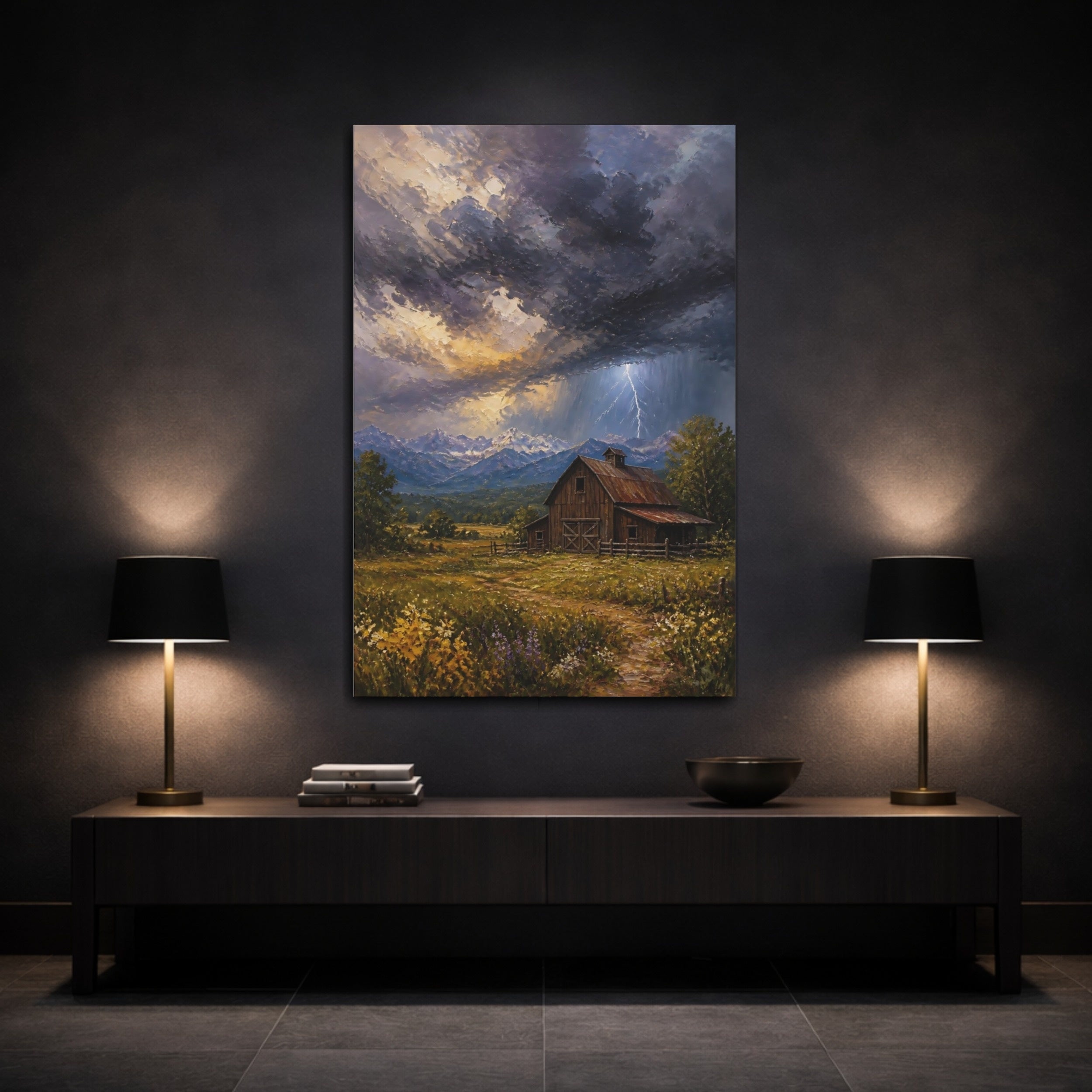 Mockup 3. Nature Rustic Barn Rustic Storm shown as stretched canvas wall art