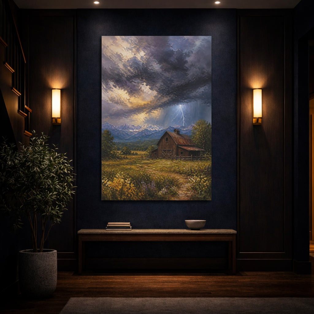 Mockup 4. Nature Rustic Barn Rustic Storm shown as stretched canvas wall art