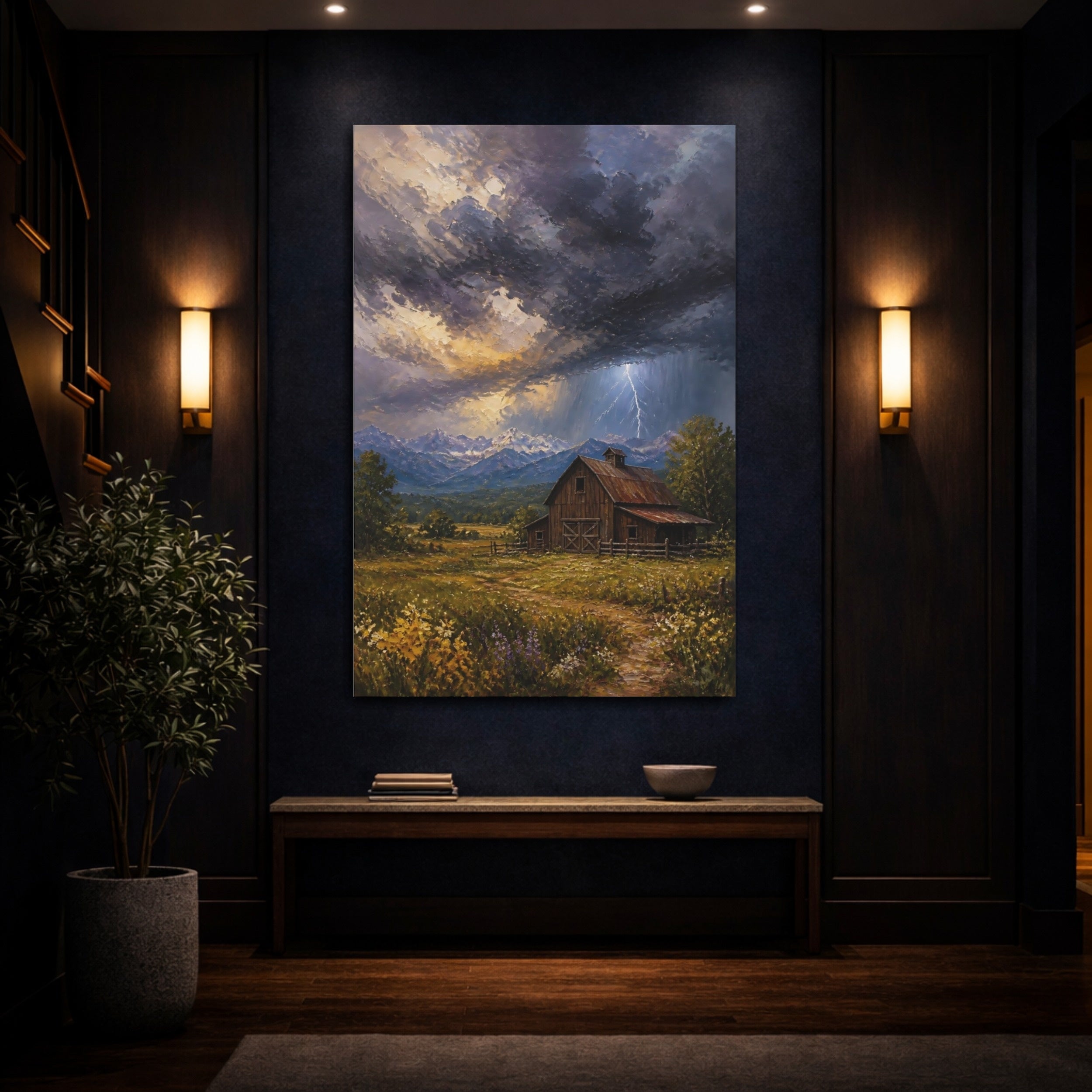Mockup 4. Nature Rustic Barn Rustic Storm shown as stretched canvas wall art