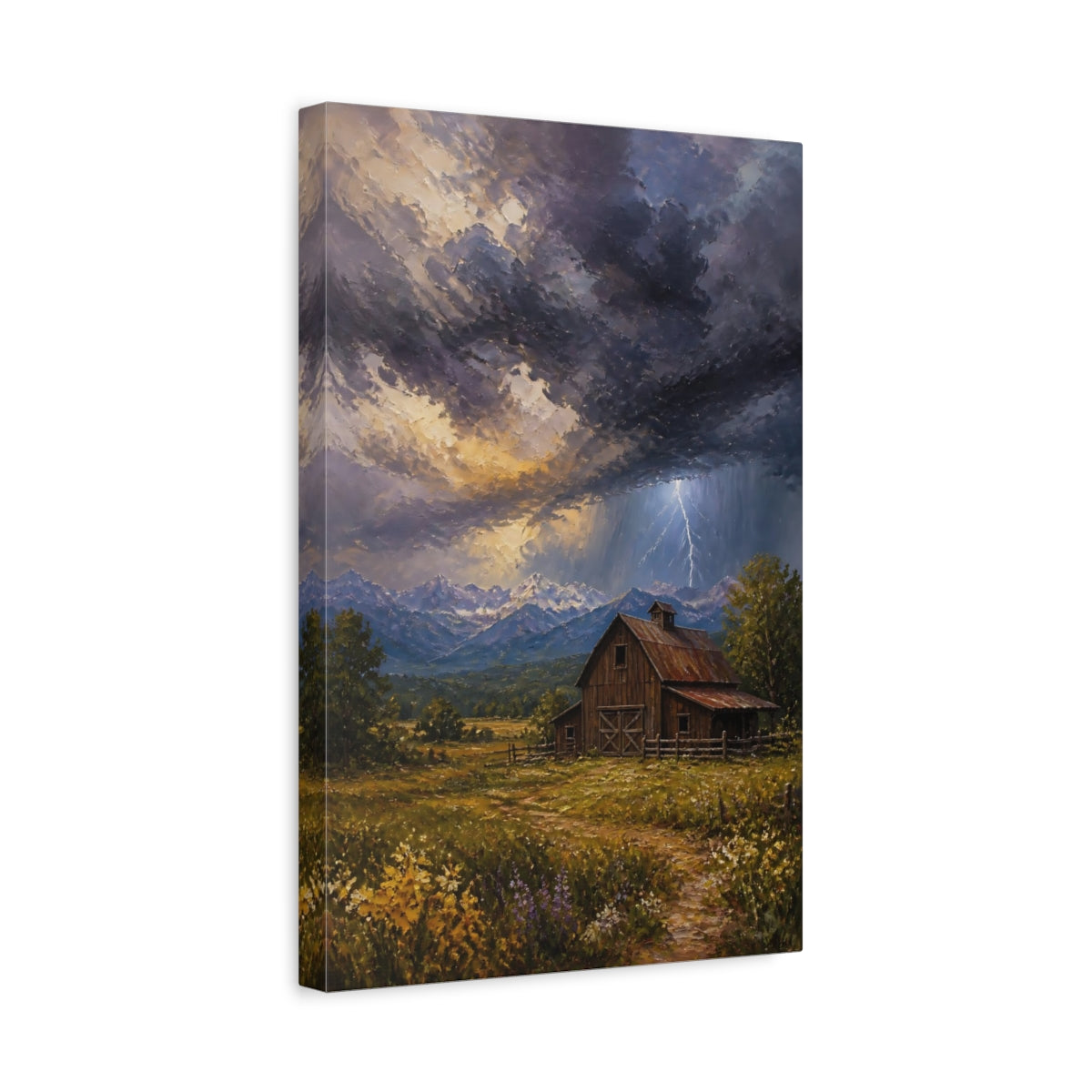 Side Mockup 4. Nature Rustic Barn Rustic Storm shown as stretched canvas wall art
