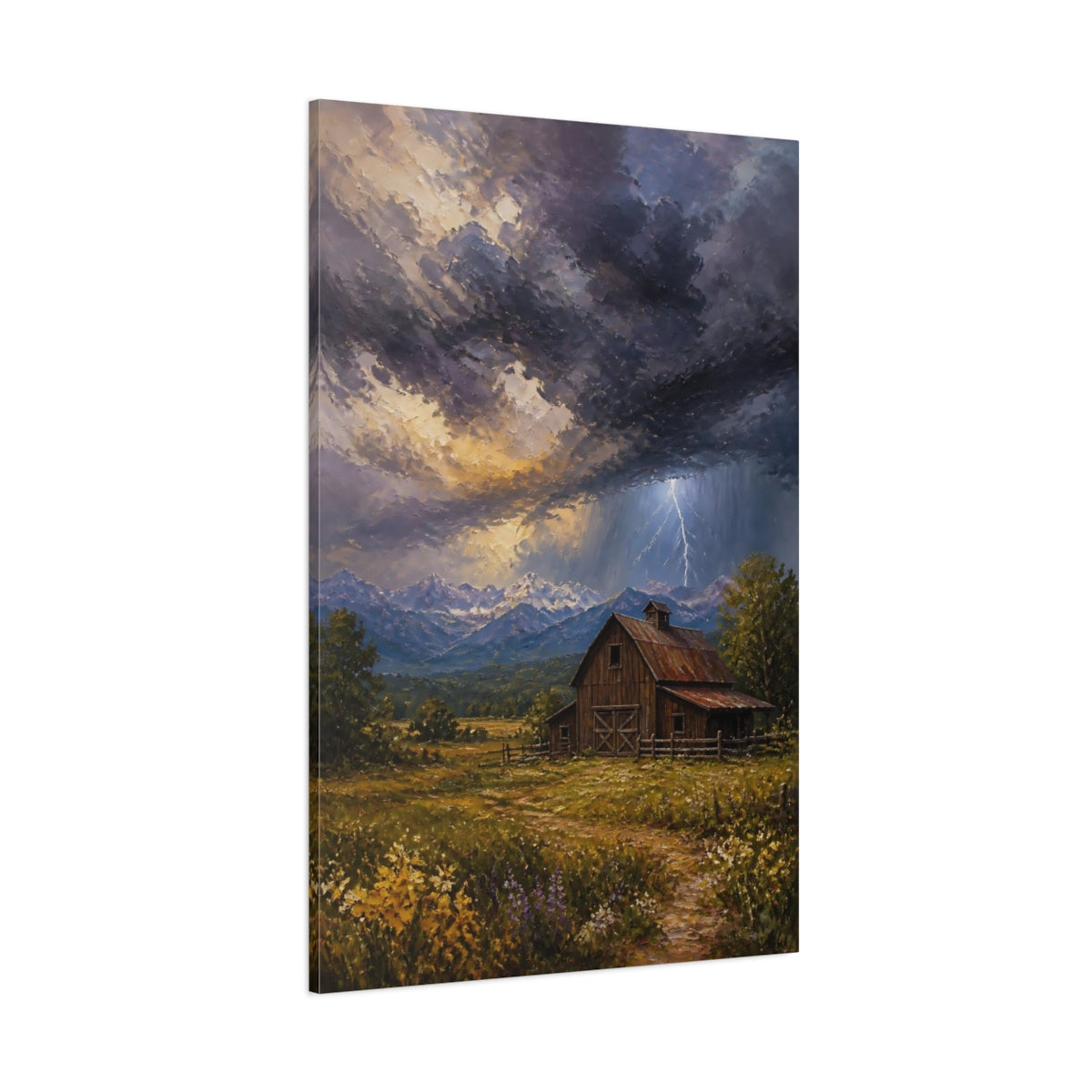 Side Mockup 1. Nature Rustic Barn Rustic Storm shown as stretched canvas wall art