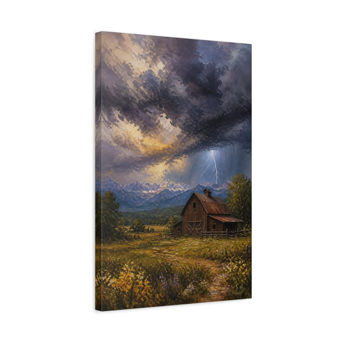 Side Mockup 3. Nature Rustic Barn Rustic Storm shown as stretched canvas wall art