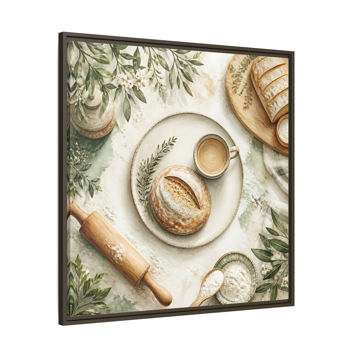 Main Mockup. Nature Rustic Bread Green And Brown shown as stretched canvas wall art