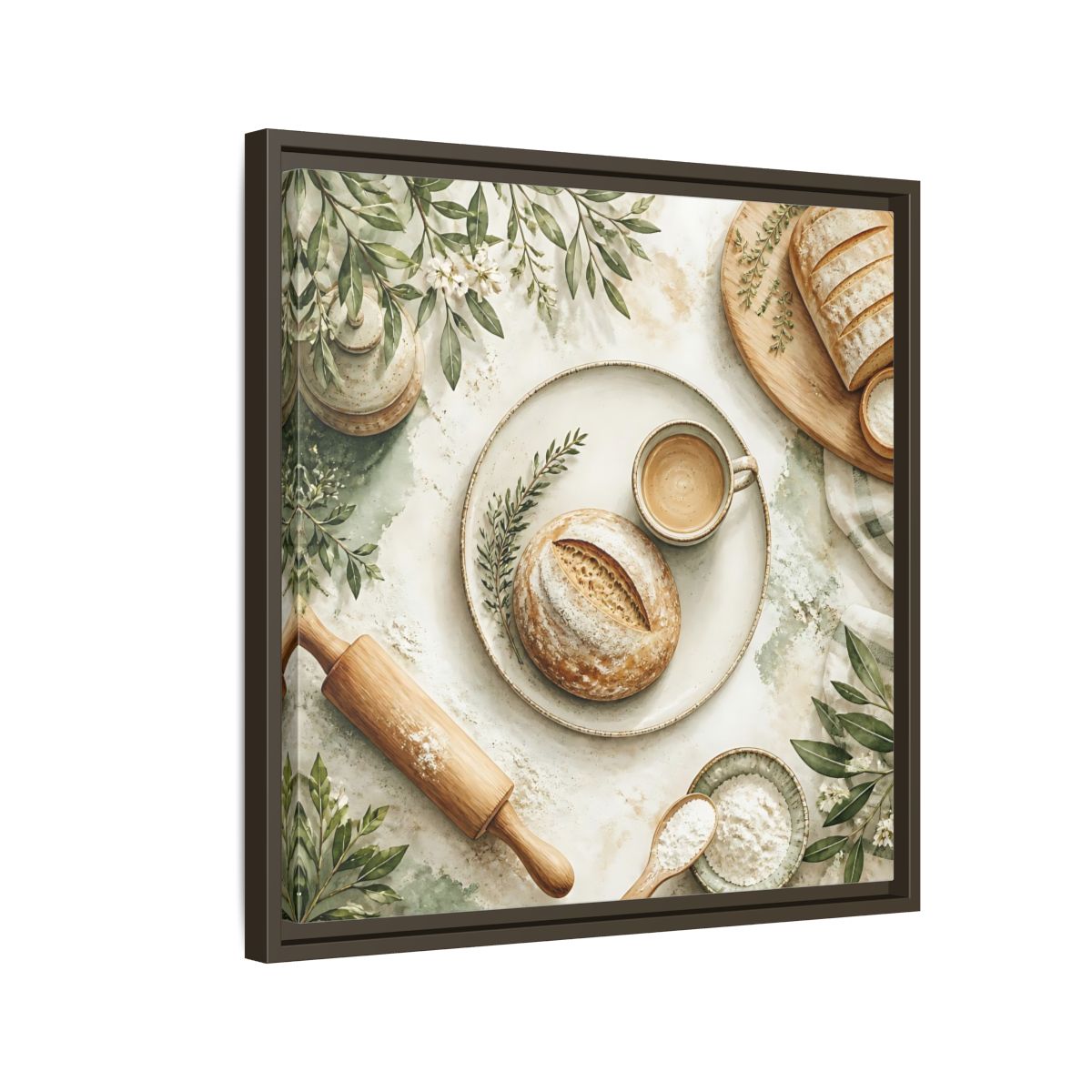 Side Mockup 11. Nature Rustic Bread Green And Brown shown as stretched canvas wall art