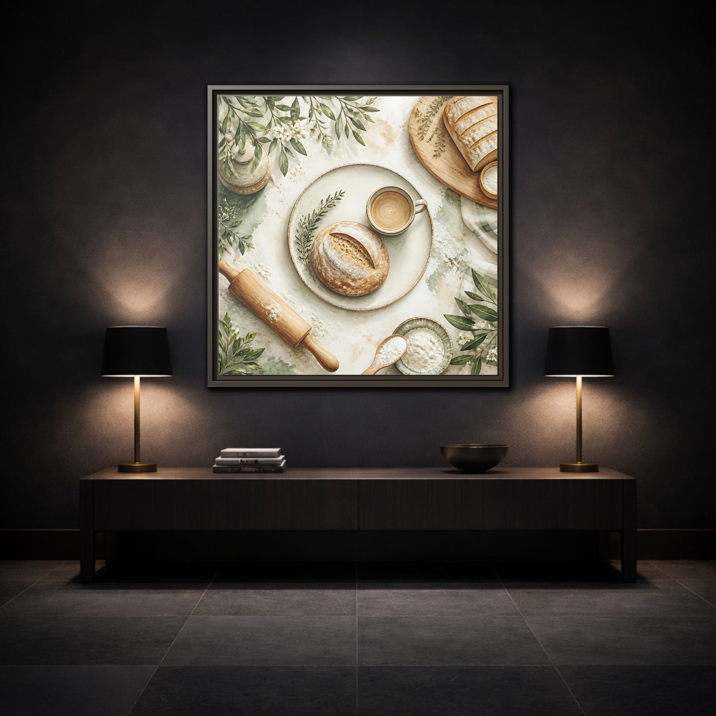 Mockup 3. Nature Rustic Bread Green And Brown shown as stretched canvas wall art