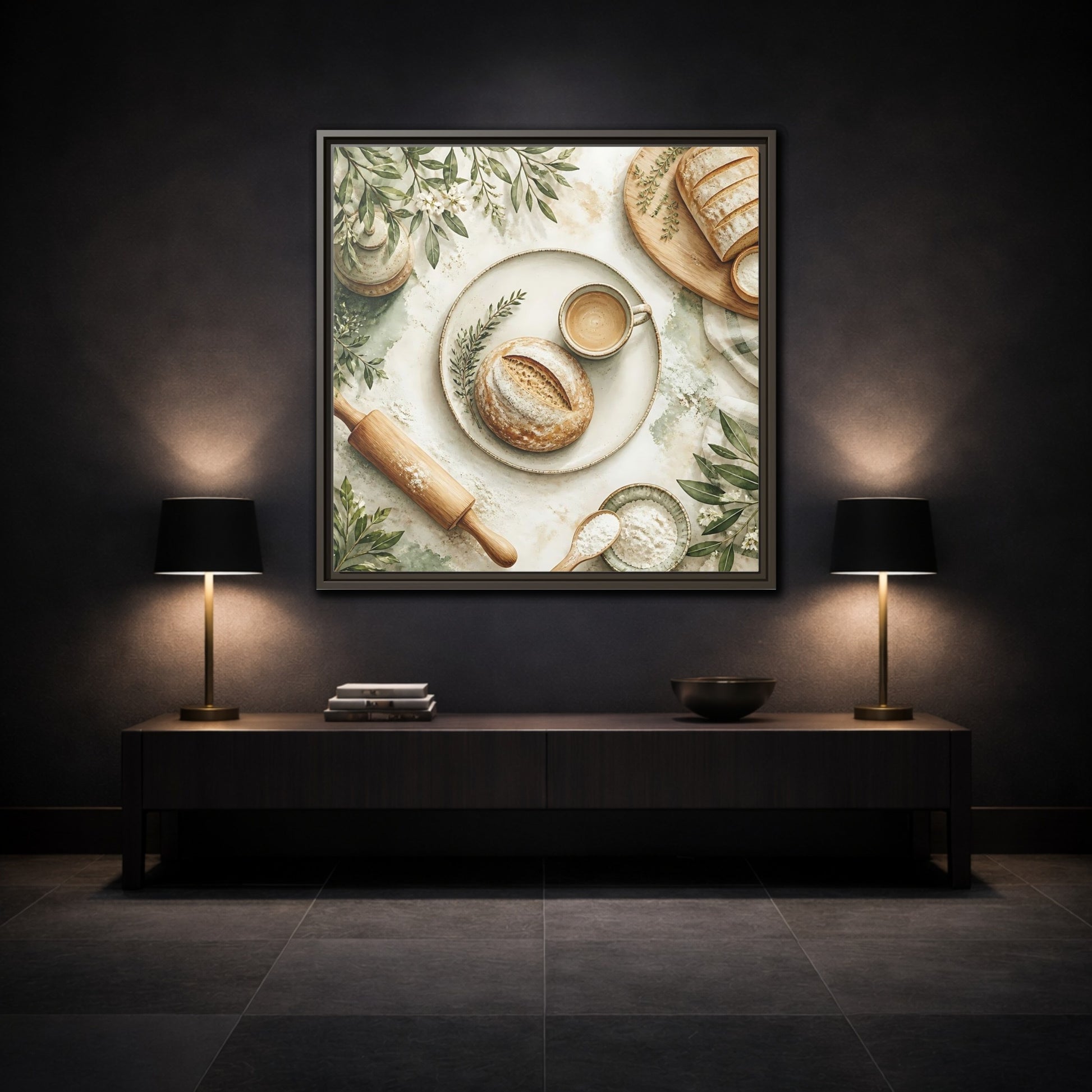Mockup 3. Nature Rustic Bread Green And Brown shown as stretched canvas wall art