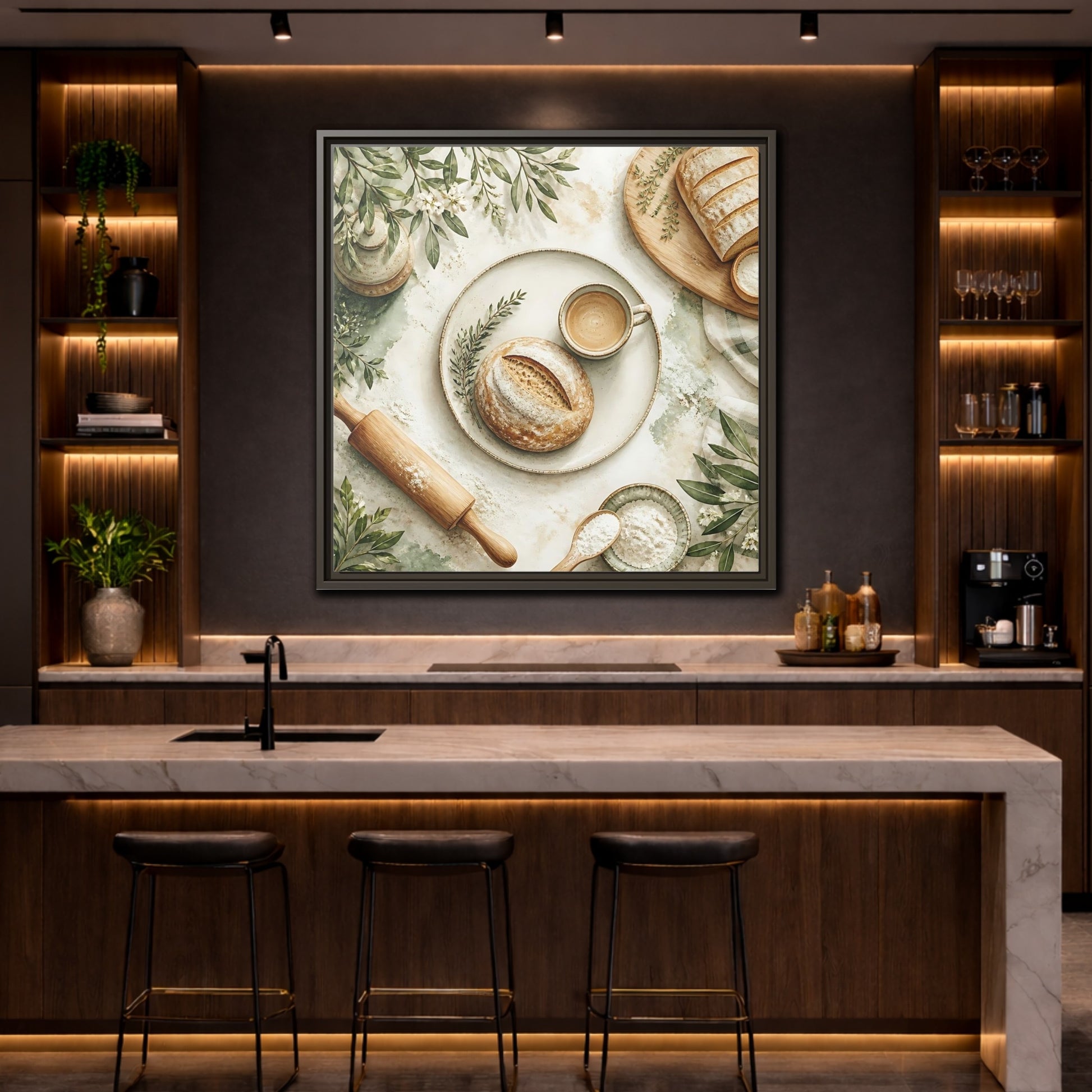 Mockup 4. Nature Rustic Bread Green And Brown shown as stretched canvas wall art