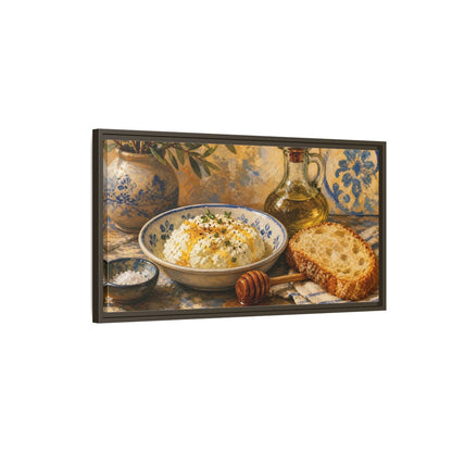 Main Mockup. Nature Rustic Food Yellow And Blue Food shown as framed canvas print