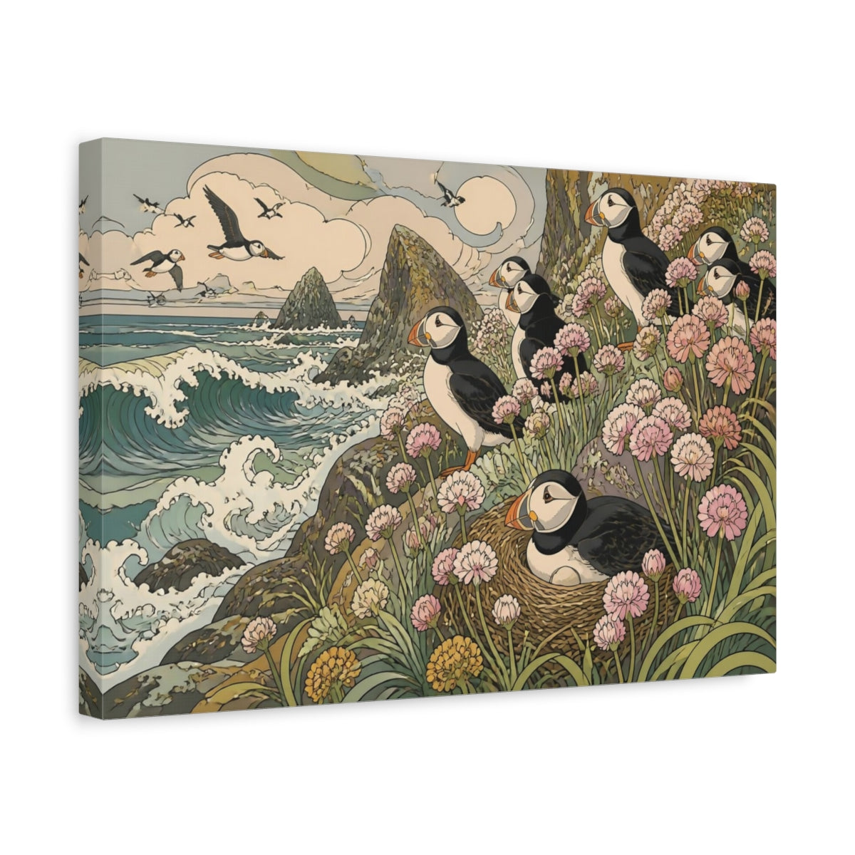 Side Mockup 4. Nature's Coastal Puffins shown as canvas print