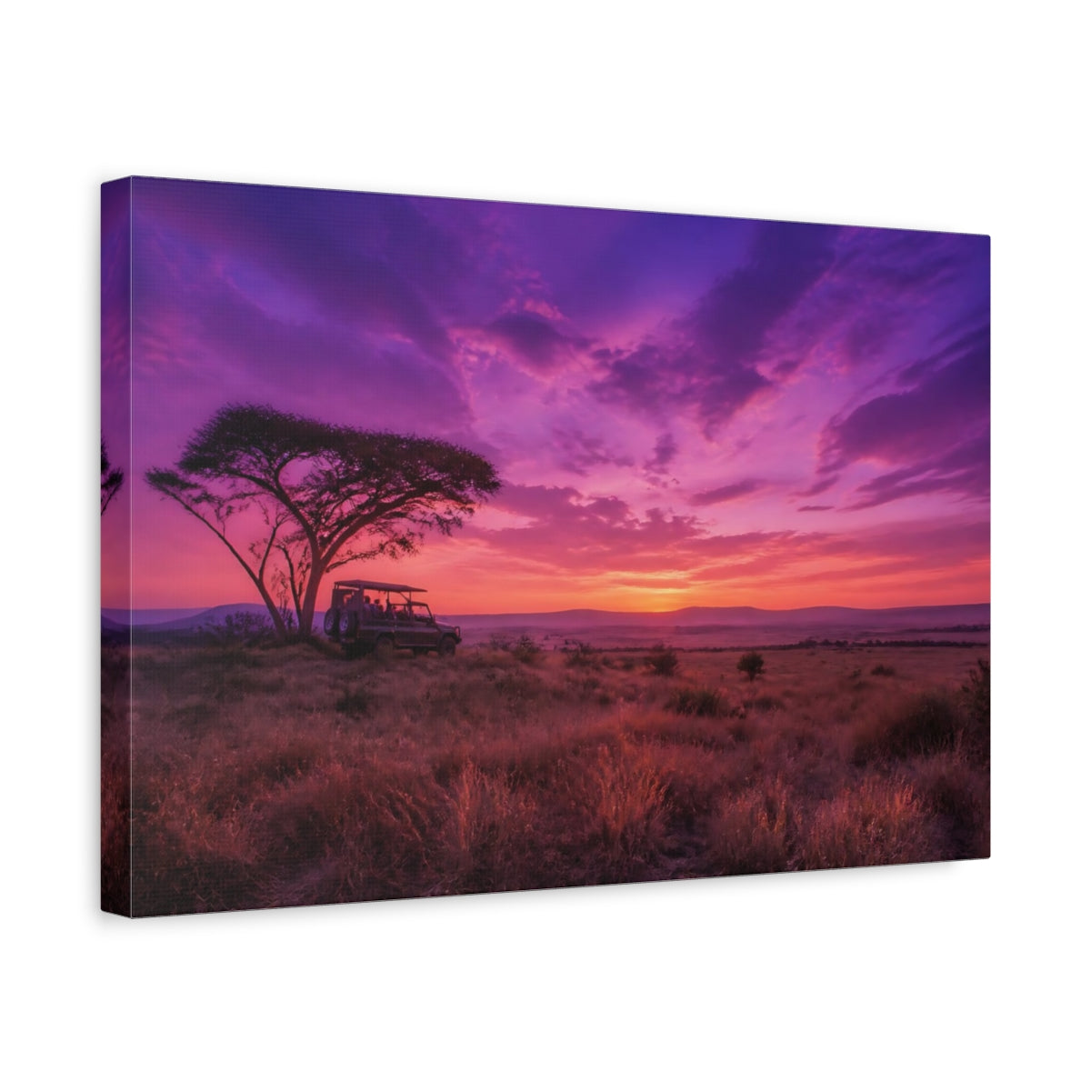 Side Mockup 4. Nature Safari Sunset Purple Sunset Safari shown as stretched canvas wall art