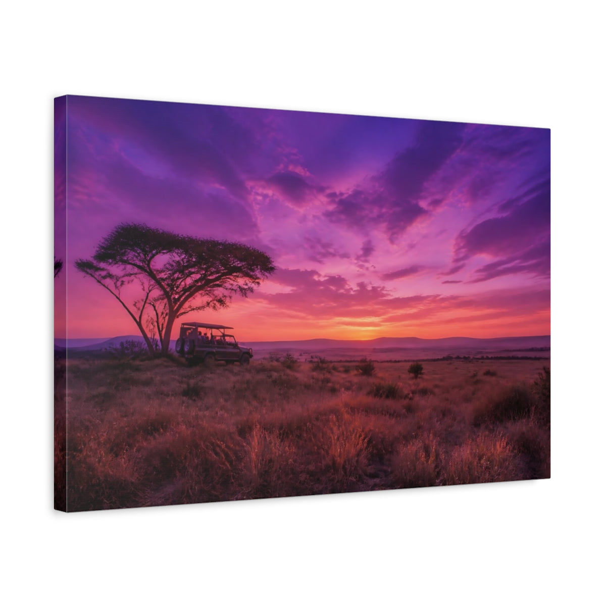 Side Mockup 3. Nature Safari Sunset Purple Sunset Safari shown as stretched canvas wall art