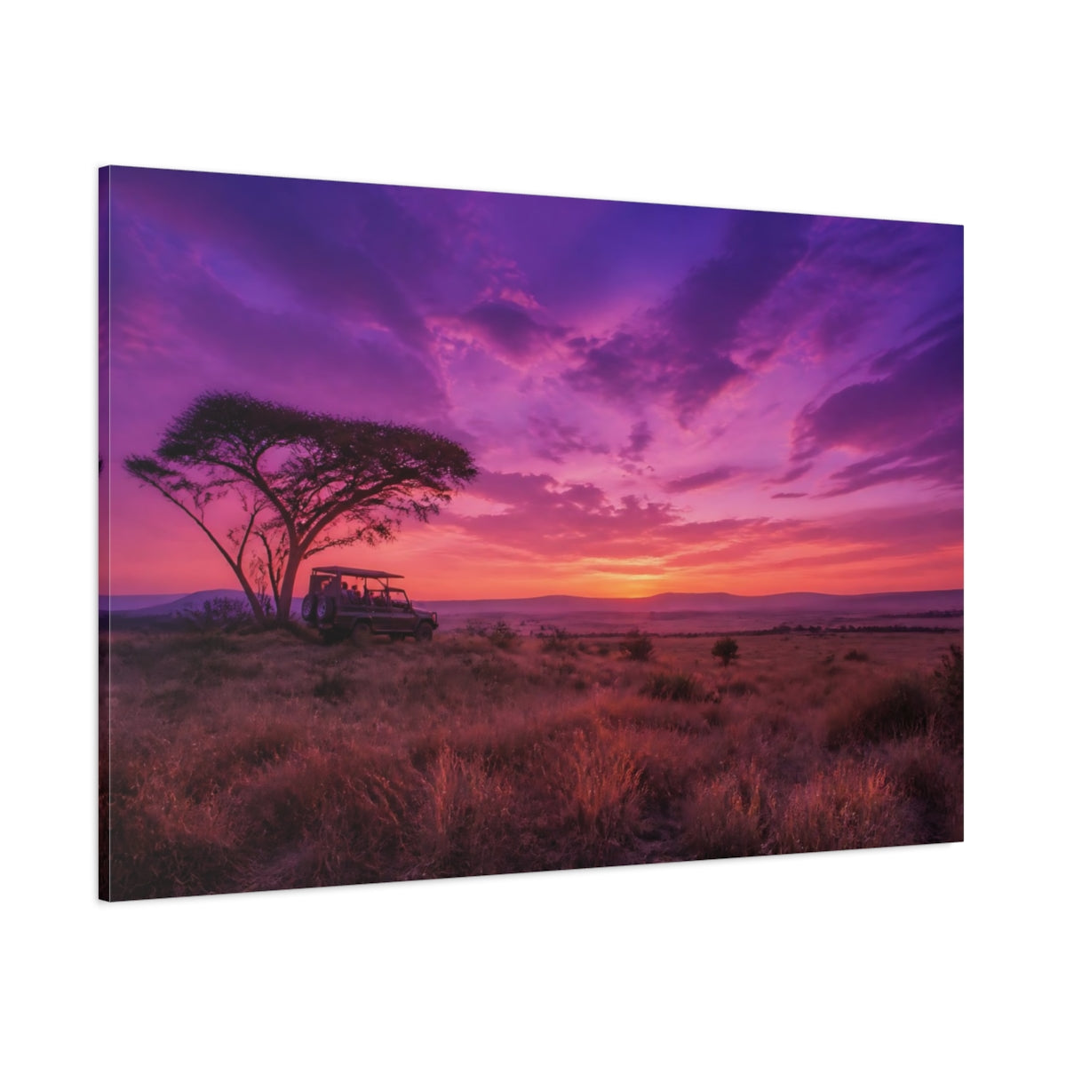 Side Mockup 1. Nature Safari Sunset Purple Sunset Safari shown as stretched canvas wall art