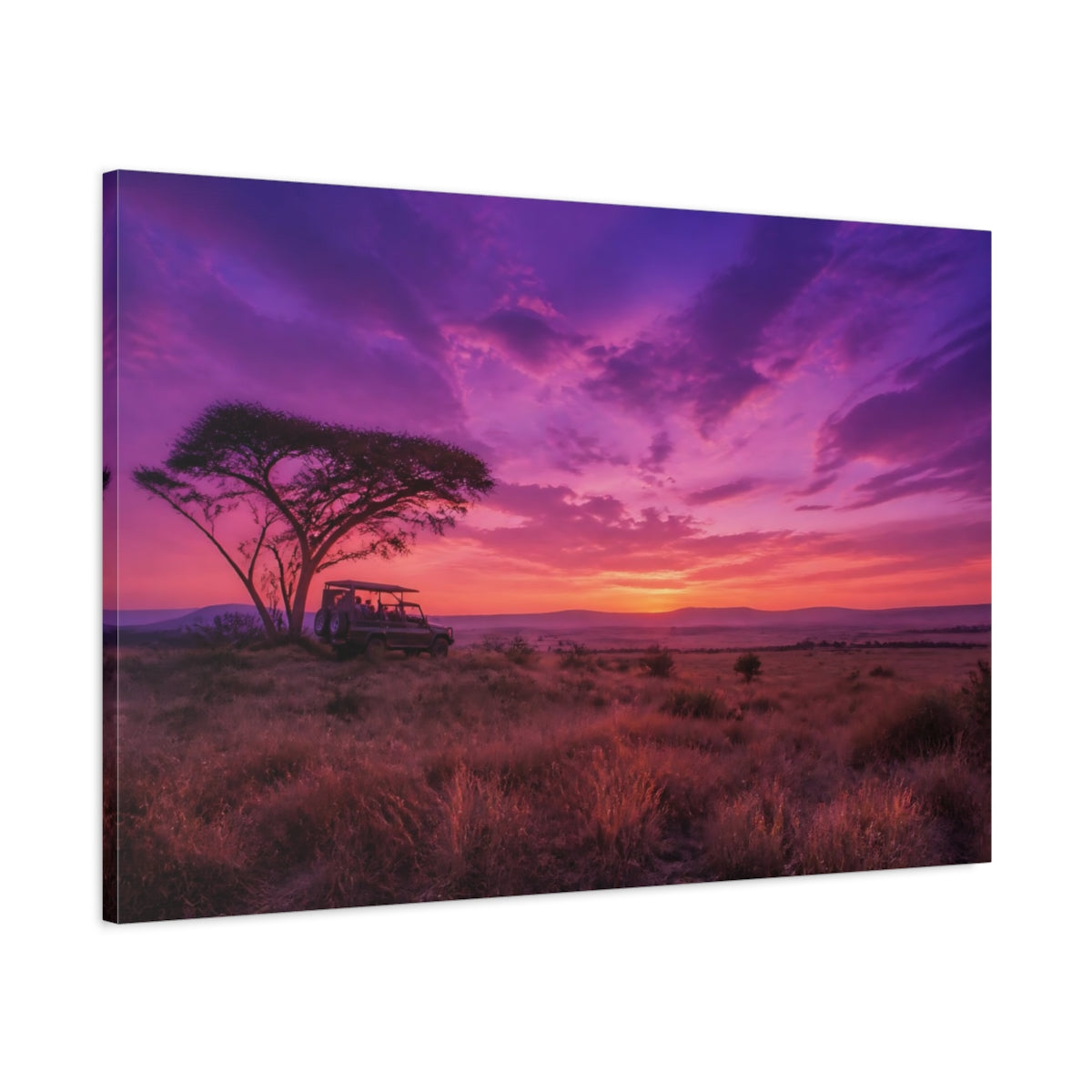 Main Mockup. Nature Safari Sunset Purple Sunset Safari shown as stretched canvas wall art