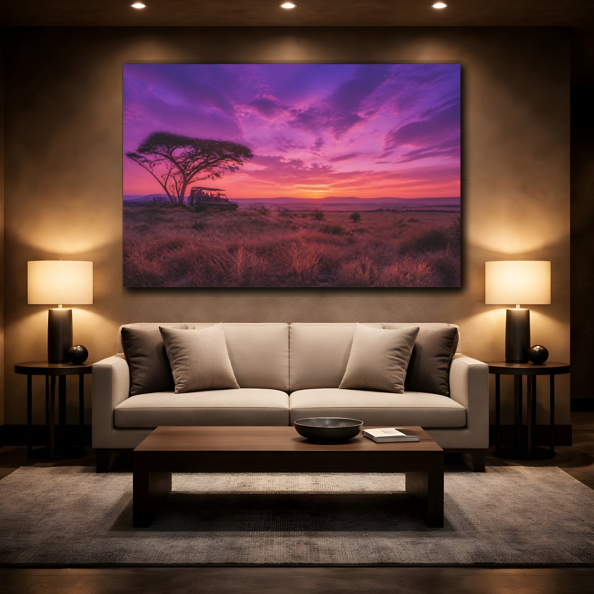 Mockup 2. Nature Safari Sunset Purple Sunset Safari shown as stretched canvas wall art