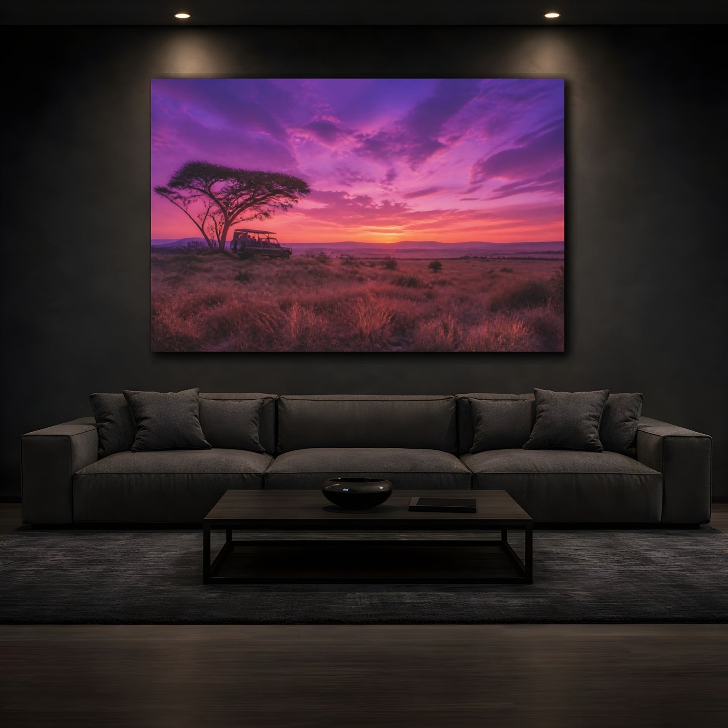Mockup 3. Nature Safari Sunset Purple Sunset Safari shown as stretched canvas wall art