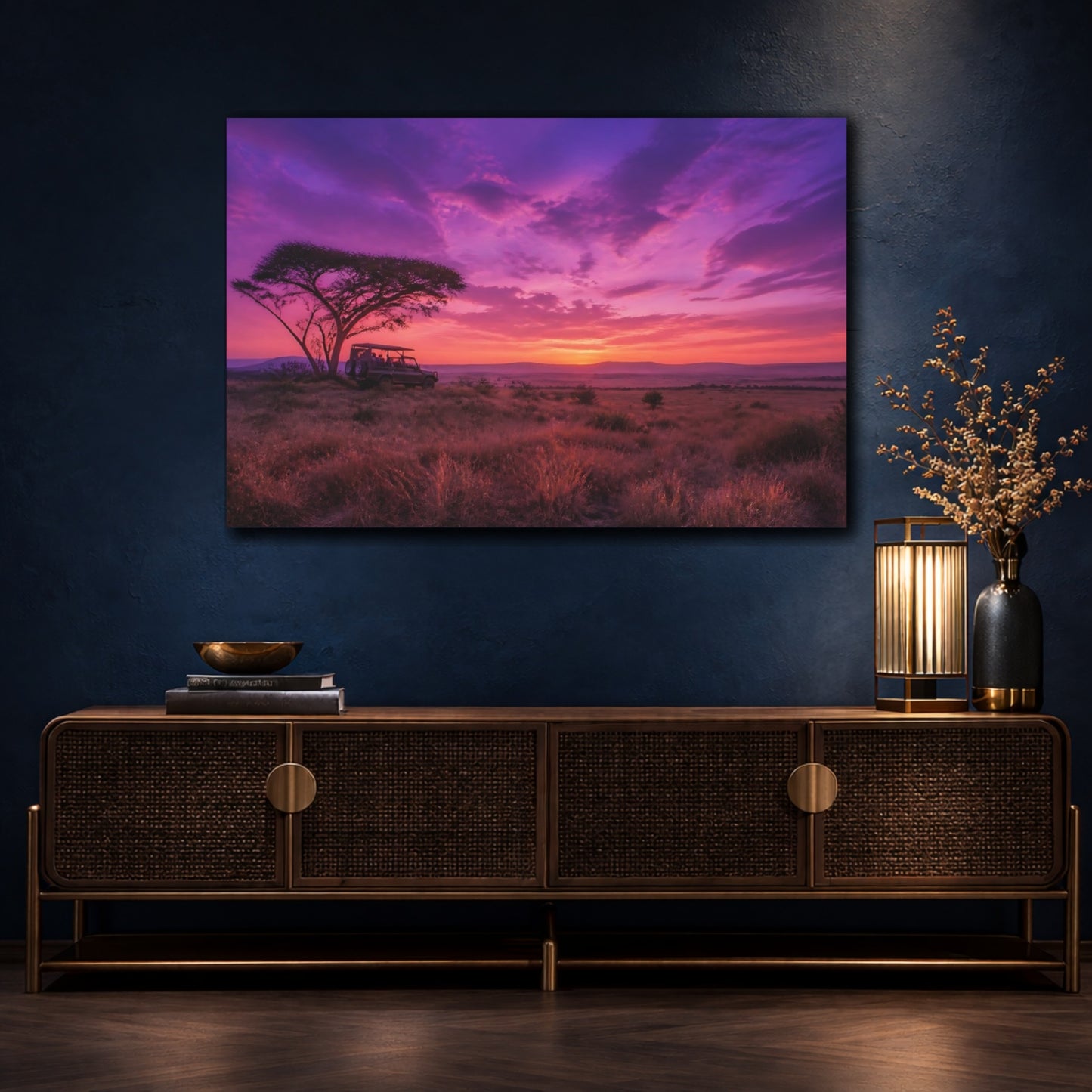 Mockup 4. Nature Safari Sunset Purple Sunset Safari shown as stretched canvas wall art
