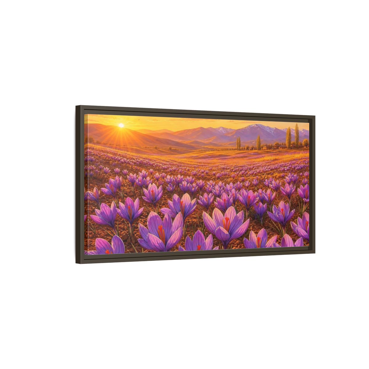 Main Mockup. Nature Saffron Flowers Purple Saffron Sunset shown as stretched canvas wall art