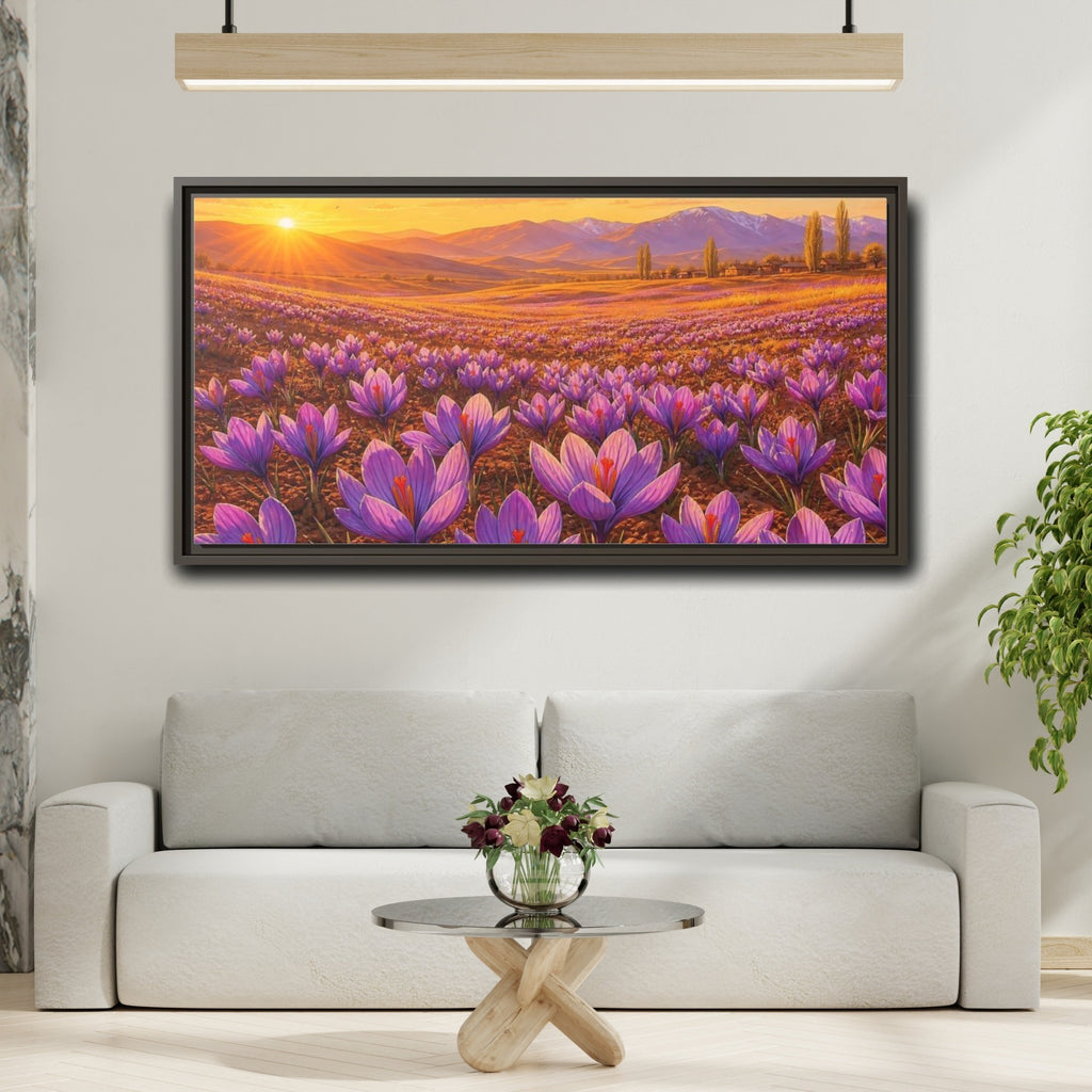 Mockup 2. Nature Saffron Flowers Purple Saffron Sunset shown as stretched canvas wall art