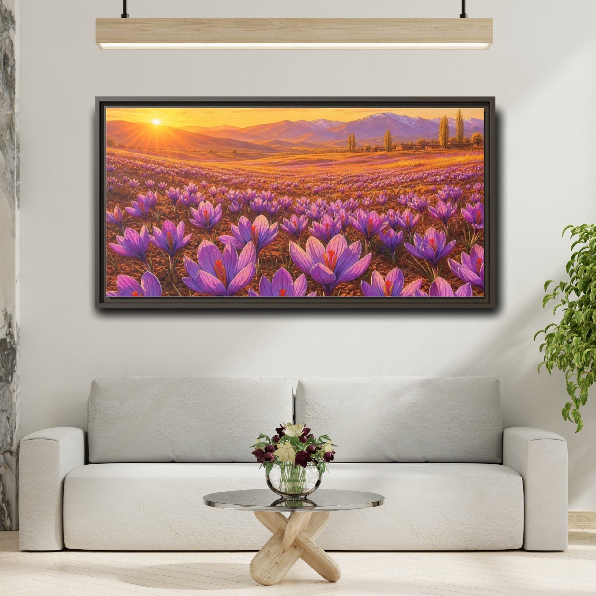 Mockup 2. Nature Saffron Flowers Purple Saffron Sunset shown as stretched canvas wall art