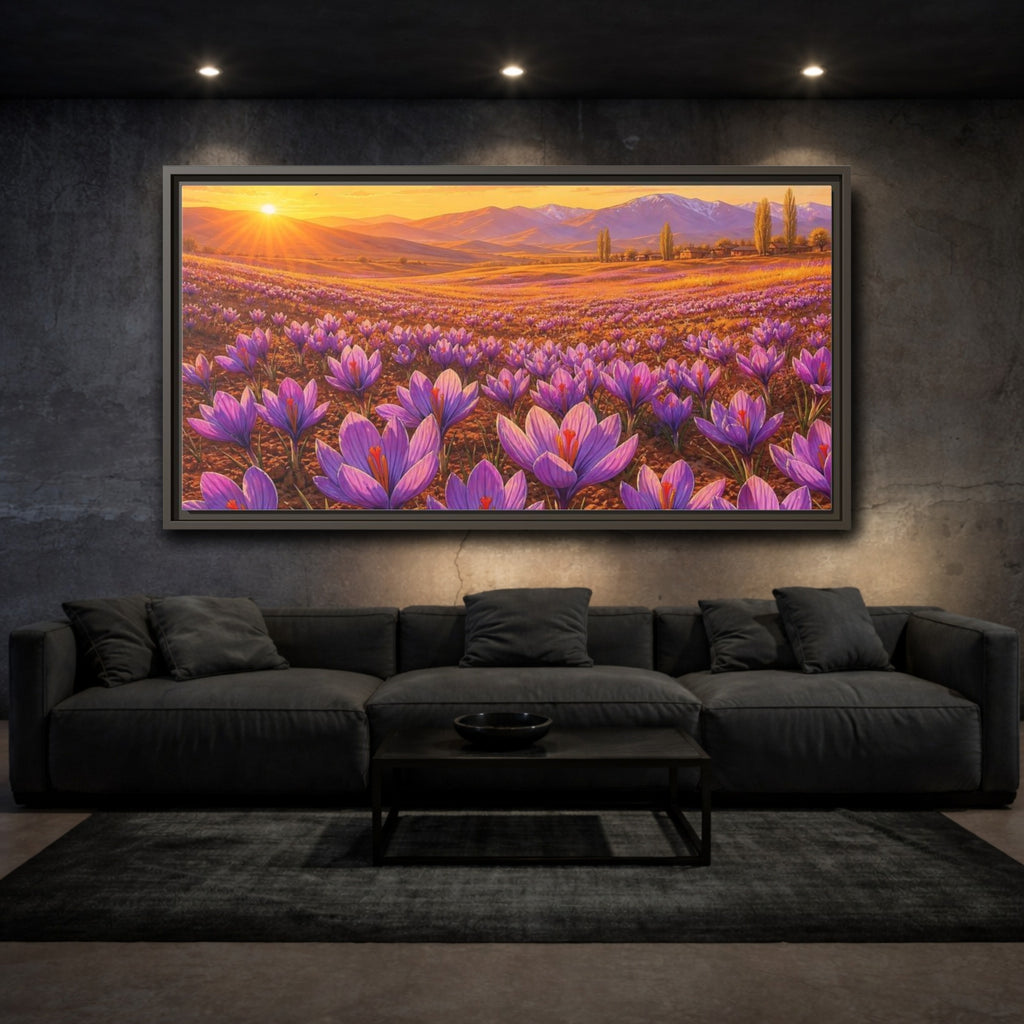 Mockup 3. Nature Saffron Flowers Purple Saffron Sunset shown as stretched canvas wall art