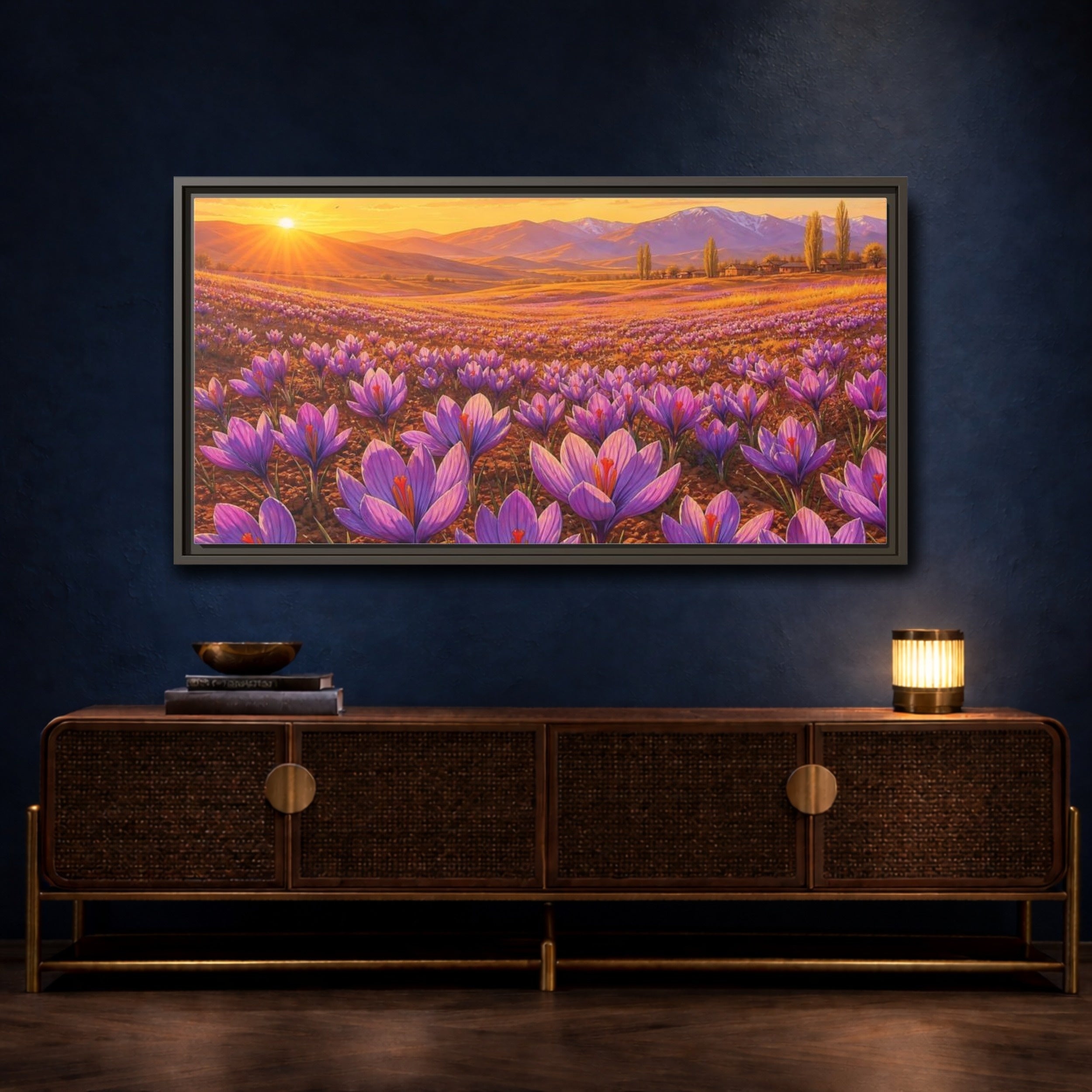 Mockup 4. Nature Saffron Flowers Purple Saffron Sunset shown as stretched canvas wall art