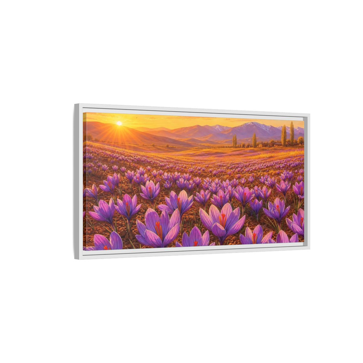 Side Mockup 1. Nature Saffron Flowers Purple Saffron Sunset shown as stretched canvas wall art