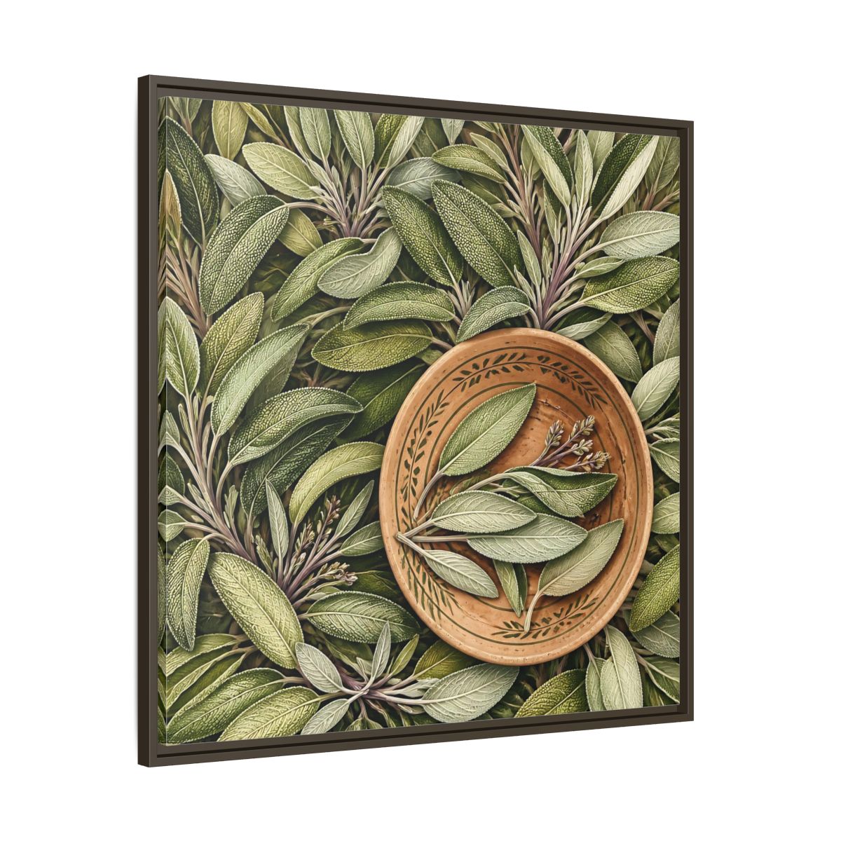 Main Mockup. Nature Sage Leaves Green And Brown shown as stretched canvas wall art