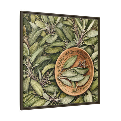 Main Mockup. Nature Sage Leaves Green And Brown shown as stretched canvas wall art