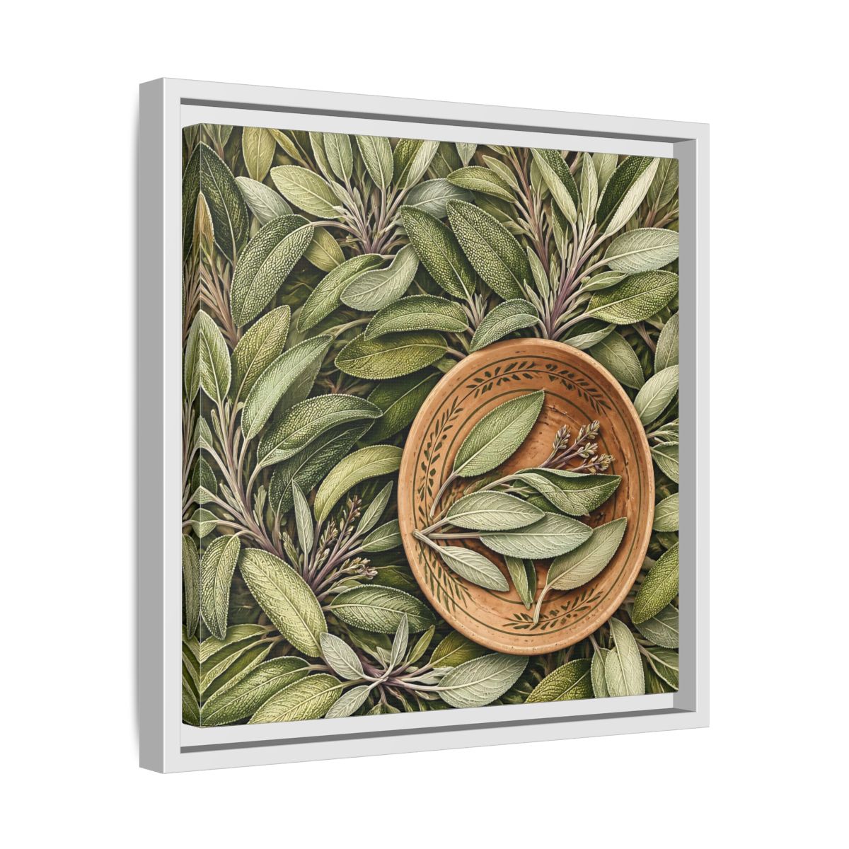 Side Mockup 28. Nature Sage Leaves Green And Brown shown as stretched canvas wall art