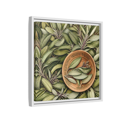 Side Mockup 13. Nature Sage Leaves Green And Brown shown as stretched canvas wall art