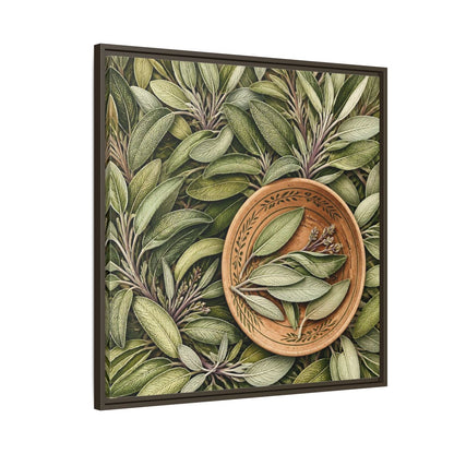 Side Mockup 8. Nature Sage Leaves Green And Brown shown as stretched canvas wall art