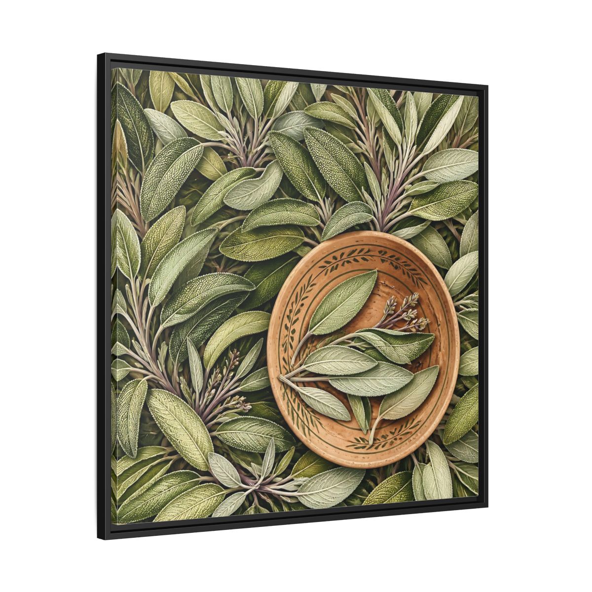 Side Mockup 30. Nature Sage Leaves Green And Brown shown as stretched canvas wall art
