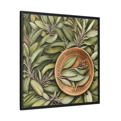 Side Mockup 30. Nature Sage Leaves Green And Brown shown as stretched canvas wall art
