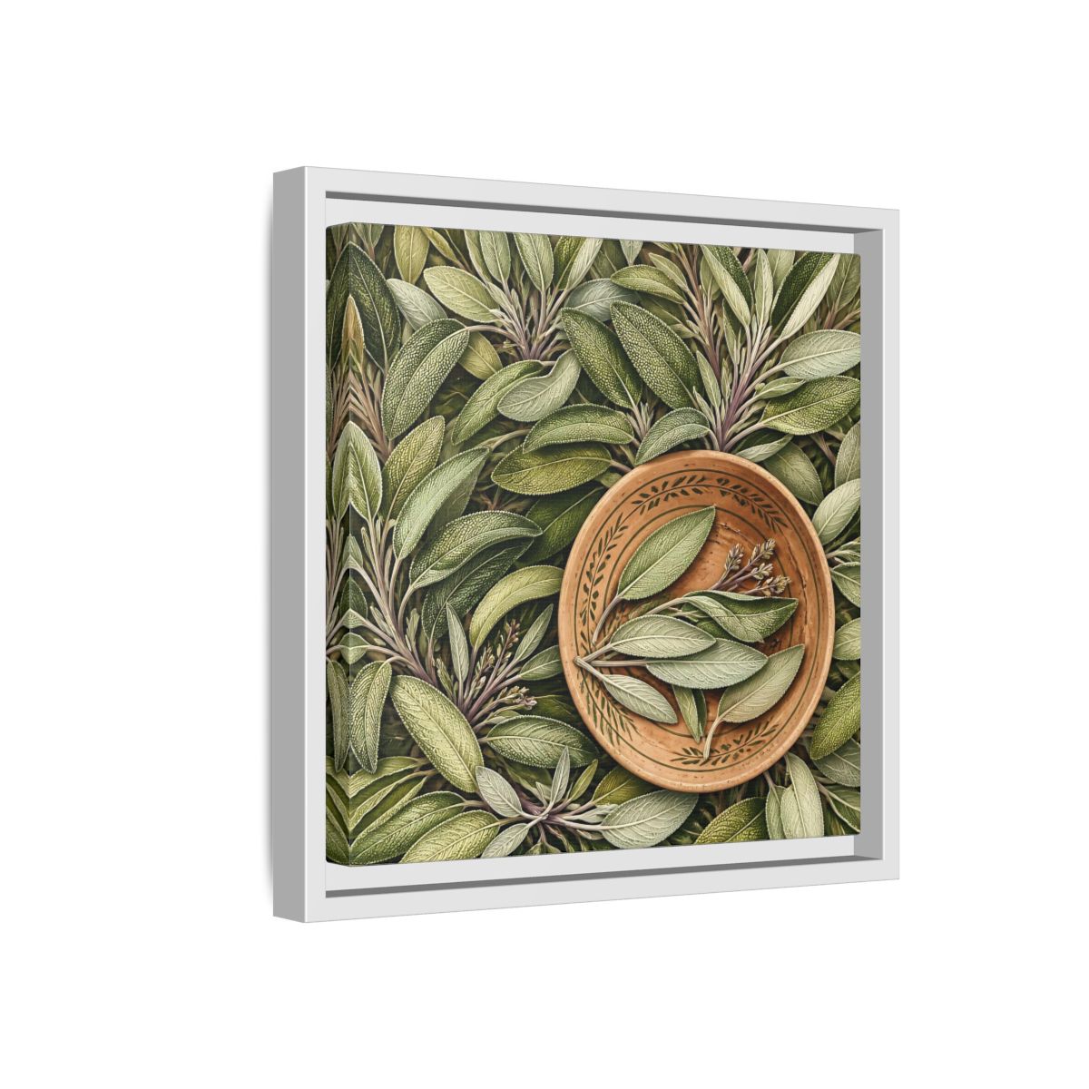 Side Mockup 16. Nature Sage Leaves Green And Brown shown as stretched canvas wall art