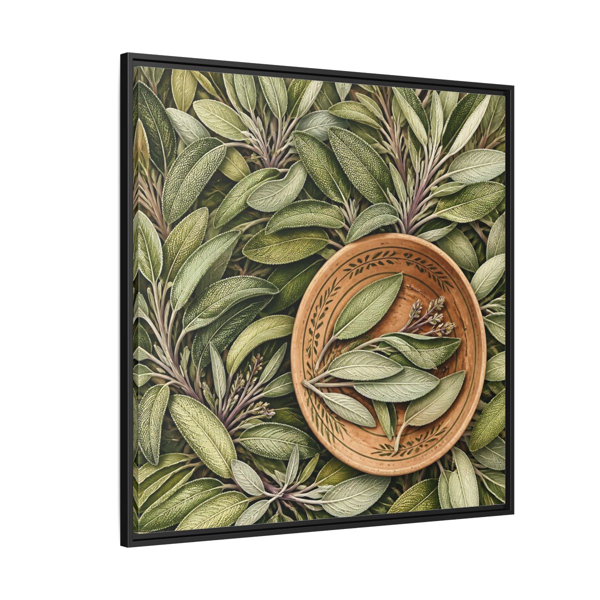 Side Mockup 6. Nature Sage Leaves Green And Brown shown as stretched canvas wall art