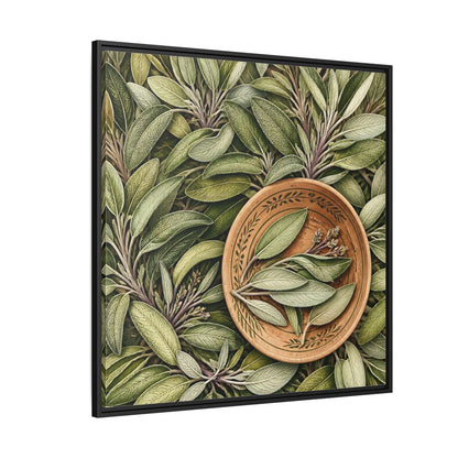 Side Mockup 6. Nature Sage Leaves Green And Brown shown as stretched canvas wall art