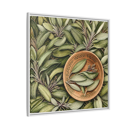Side Mockup 7. Nature Sage Leaves Green And Brown shown as stretched canvas wall art
