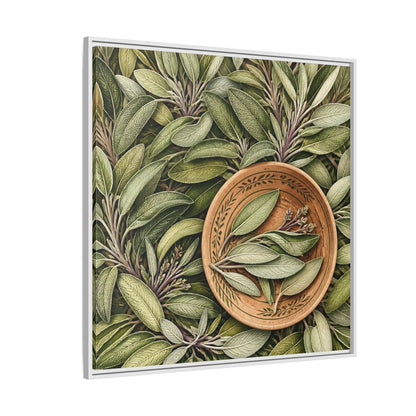 Side Mockup 4. Nature Sage Leaves Green And Brown shown as stretched canvas wall art