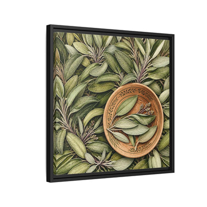 Side Mockup 12. Nature Sage Leaves Green And Brown shown as stretched canvas wall art
