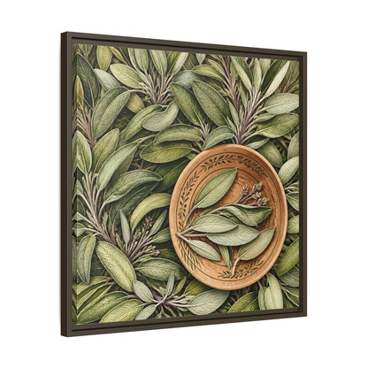 Side Mockup 27. Nature Sage Leaves Green And Brown shown as stretched canvas wall art