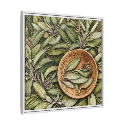 Side Mockup 26. Nature Sage Leaves Green And Brown shown as stretched canvas wall art